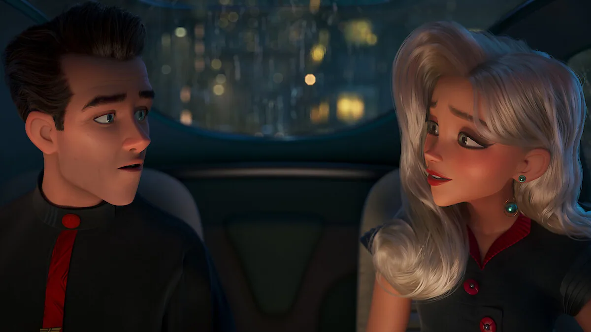 Deux personnages animés discutent dans un véhicule futuriste de nuit, dans Ray Gunn